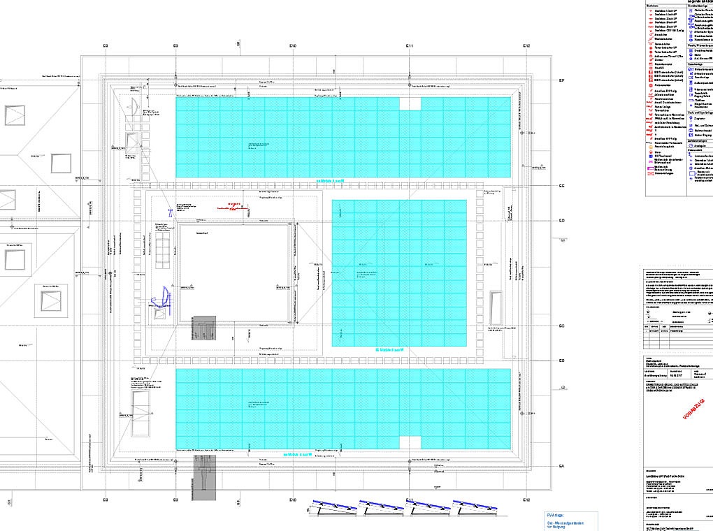 The plans shows technical details for the rooftop  PV installation on a public school.