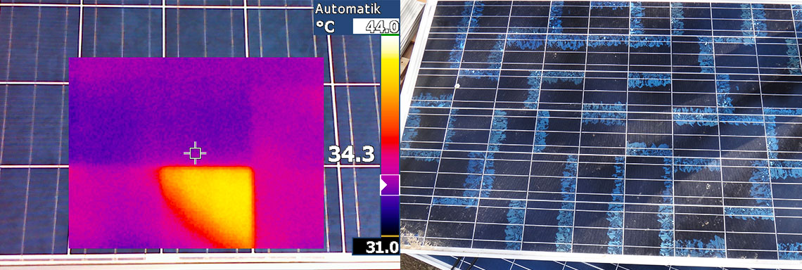 [Translate to Englisch:] Thermografiemessung an einem Solarmodul, defekte Solarzellen